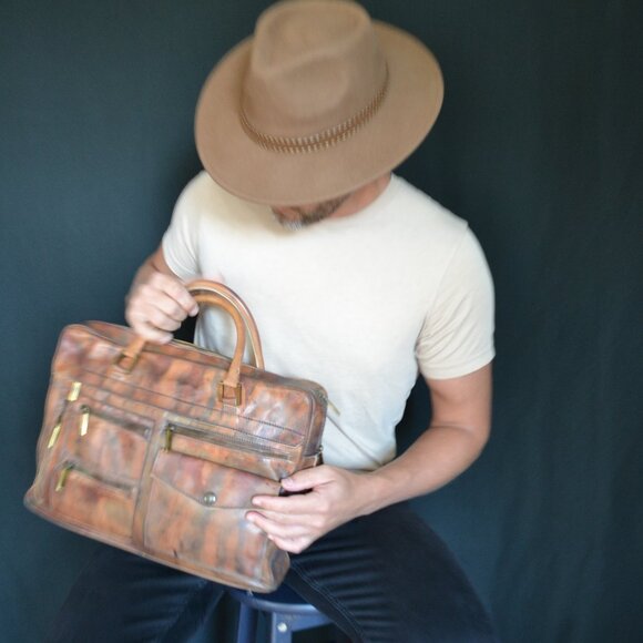 D&G leather briefcase laptop bag vintage painted dyed camo brown green gray blac - Picture 2 of 15